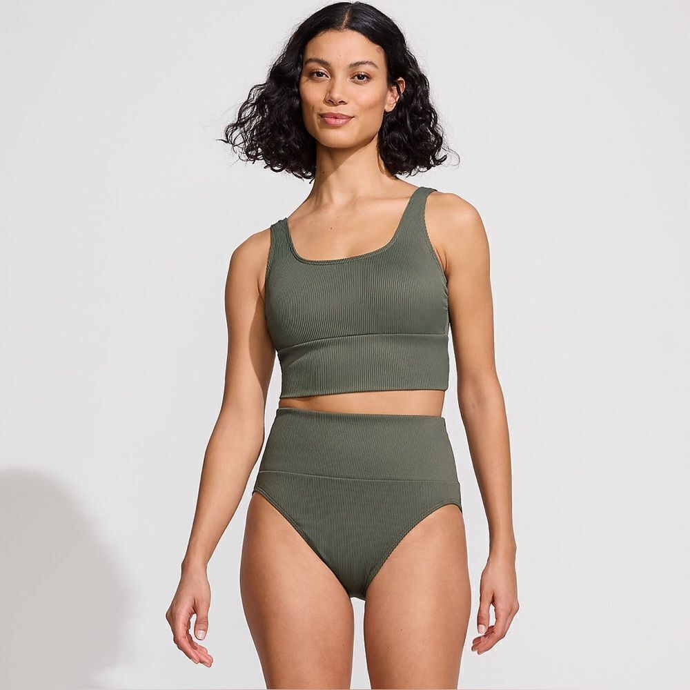 NWT Lands' End Olive Green Ribbed High-Waist Bikini Set